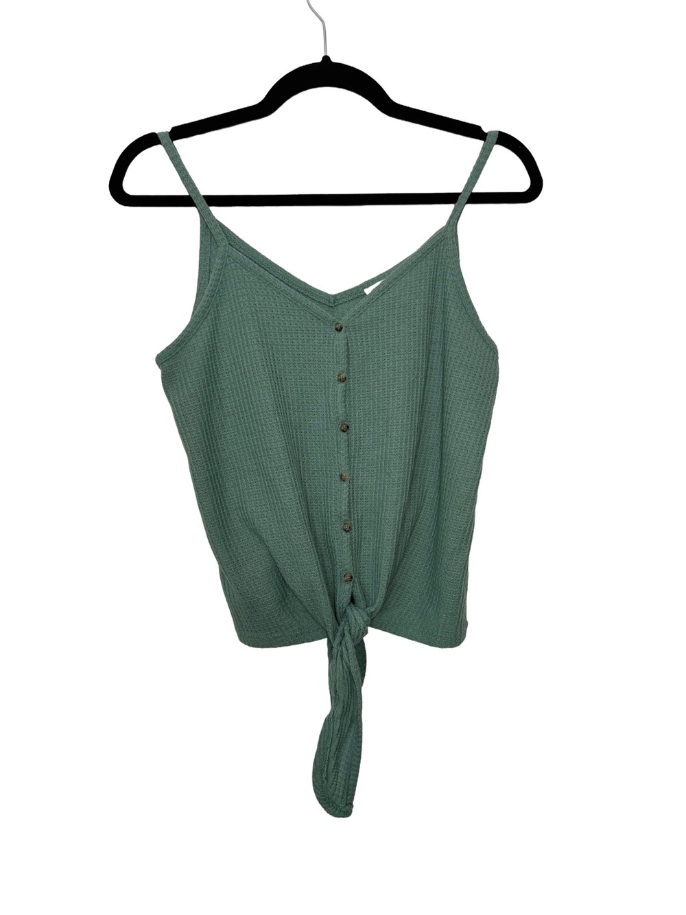 Hippie Rose Waffle Knit Button-Front Tie Cami Tank Top - teal